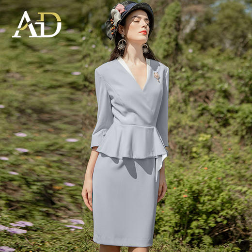 AD法式优雅v领连衣裙女职业装工作服蓝灰色美容院技师工装 商品图1