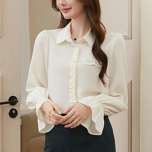 百姿 简约翻领喇叭袖衬衫2023秋季新款百搭甜美长袖雪纺衫231257 商品图3