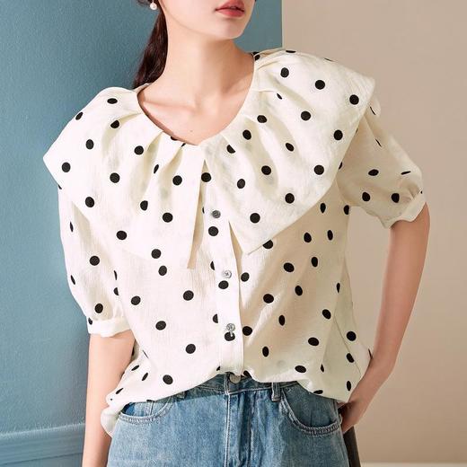 百姿 波点娃娃领短袖衬衫2023夏季新款韩版甜美百搭翻晒女式小衫 商品图0