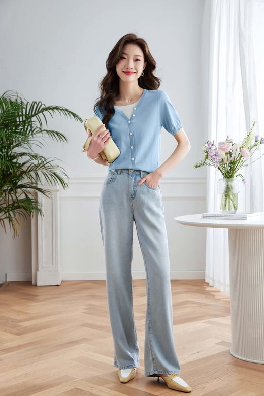 【专属特价】熙世界假两件短袖针织衫女薄款2025春夏新款别致冰丝上衣 商品图5