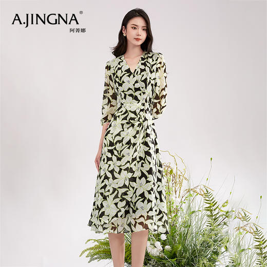【积分兑换】阿菁娜时尚气质优雅V领桑蚕丝印花连衣裙A28X112092 商品图1