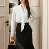 百姿 柔软垂顺通勤V领长袖衬衫2023早秋新款职业领带白衬衣231310 商品缩略图2