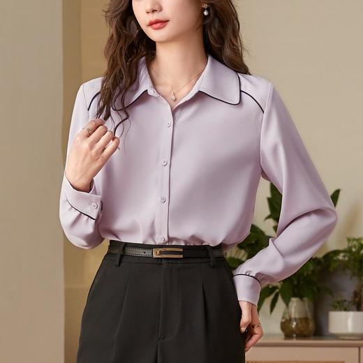 百姿 娃娃领长袖衬衫2023春季新款撞色直筒单排扣百搭雪纺衬衣女 商品图0