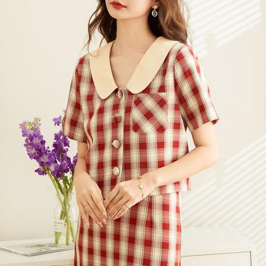 百姿 娃娃领格纹短袖衬衫女2023春夏新款复古千鸟格开衫上衣女 商品图3