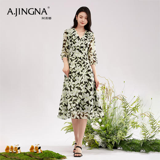 【积分兑换】阿菁娜时尚气质优雅V领桑蚕丝印花连衣裙A28X112092 商品图2