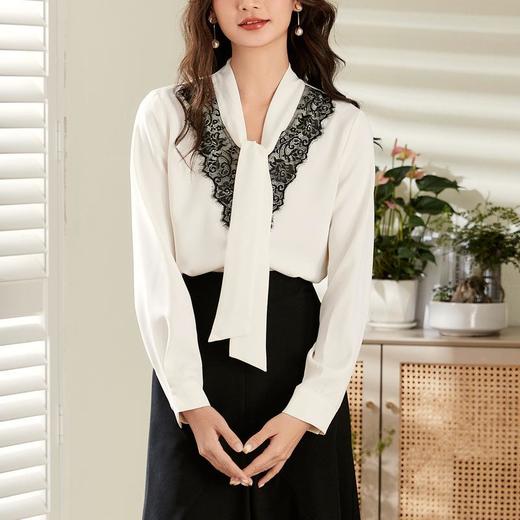 百姿 拼接蕾丝长袖衬衫2023春季新款气质V领绑带白衬衫上衣女 商品图1