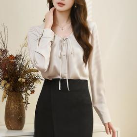 百姿 气质V领抽褶长袖衬衫2023秋季新款小众蝴蝶结雪纺衫女231226