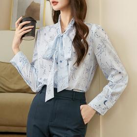 百姿 秋意微凉印花蝴蝶结衬衣2023早秋新款气质长袖衬衫女231243