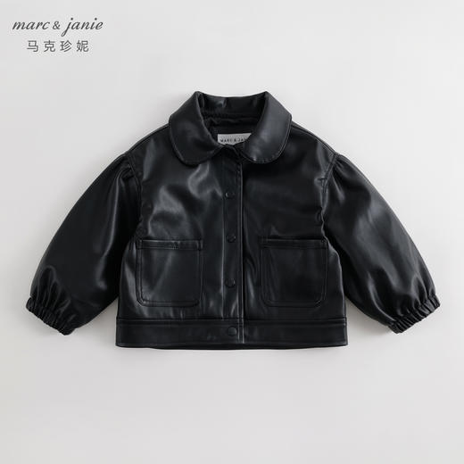 马克珍妮女童时尚泡泡袖皮衣夹克 儿童外套春秋款上衣241078 商品图2