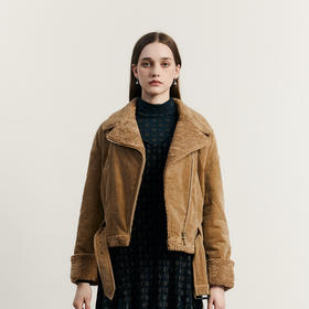 谜底短款棉服女2023秋季新款复古机车风羊羔毛拼接外套233MF1101