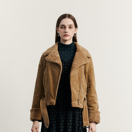 谜底短款棉服女2023秋季新款复古机车风羊羔毛拼接外套233MF1101 商品图0