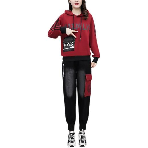 DD-时尚休闲套装女2023秋季新款印花字母连帽宽松上衣牛仔拼接两件套 商品图4