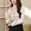 百姿 气质V领抽褶长袖衬衫2023秋季新款小众蝴蝶结雪纺衫女231226 商品缩略图1