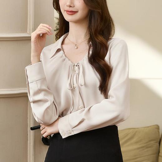 百姿 气质V领抽褶长袖衬衫2023秋季新款小众蝴蝶结雪纺衫女231226 商品图1