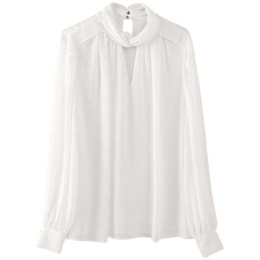 百姿 2023秋季新款名媛长袖套头衬衫韩版褶皱性感透视雪纺衫91019 商品图4