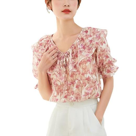 百姿 优雅碎花短袖衬衫2023夏新款名媛气质荷叶边衬衣女231161 商品图4