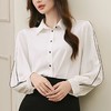百姿 撞色灯笼袖长袖衬衫女2023秋季新款优雅宽松百搭上衣231244 商品缩略图0