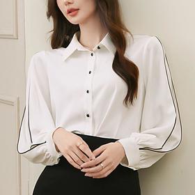 百姿 撞色灯笼袖长袖衬衫女2023秋季新款优雅宽松百搭上衣231244