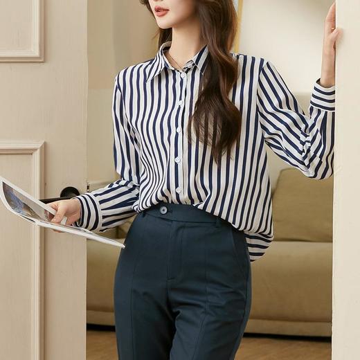 百姿 条纹自留款翻领衬衣2023早秋新款长袖气质OL衬衫女231240 商品图1