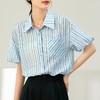 百姿 蓬蓬袖醋酸条纹衬衫女2023夏新款翻领通勤短袖衬衣231157 商品缩略图3