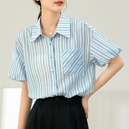 百姿 蓬蓬袖醋酸条纹衬衫女2023夏新款翻领通勤短袖衬衣231157 商品图3