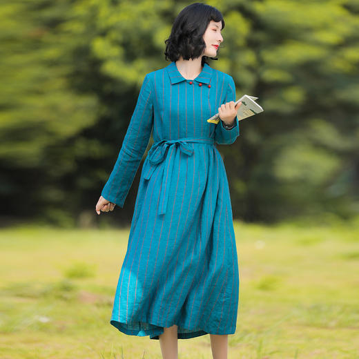 HM-S209秋季新款复古条纹长袖亚麻连衣裙文艺翻领显瘦大裙摆长裙S209 商品图2