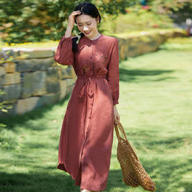 HM-S335秋季新款花朵重工刺绣文艺亚麻连衣裙圆领长袖宽松衬衫式长裙