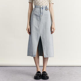 谜底牛仔半身裙2023秋新款复古高腰百搭A型前开叉中长裙233MB0990