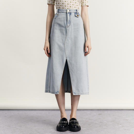 谜底牛仔半身裙2023秋新款复古高腰百搭A型前开叉中长裙233MB0990 商品图0