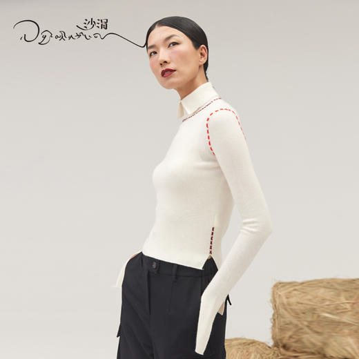 疗愈羊绒|羊绒抽条翻领打底衫SJF95W449K 商品图1