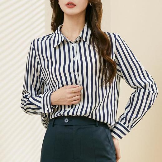 百姿 条纹自留款翻领衬衣2023早秋新款长袖气质OL衬衫女231240 商品图0