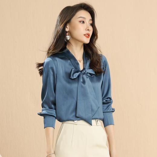 百姿 2023秋季女装V领上衣套头蝴蝶结系带雪纺长袖气质衬衫女 商品图2