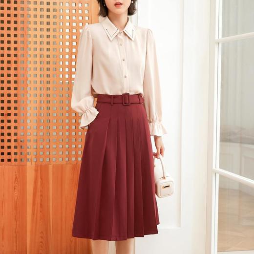 百姿 秋季新品时尚开衫翻领纯色长袖女士衬衫通勤风喇叭袖上衣女装 商品图1