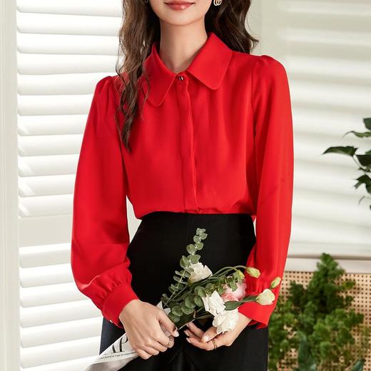 百姿 娃娃领长袖衬衫2023春季新款红色结婚喜庆显瘦直筒衬衣女 商品图0