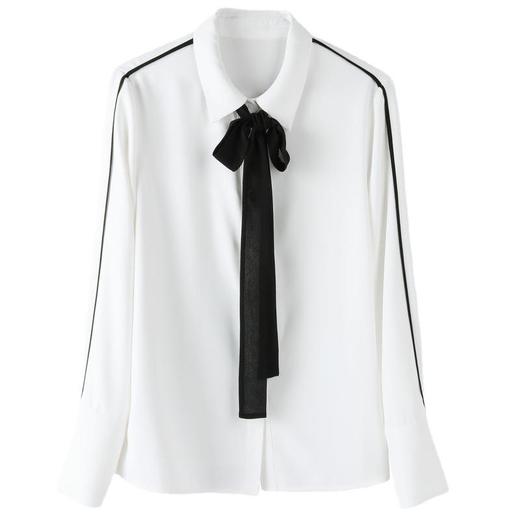 百姿 气质优雅POLO领纯色长袖衬衫2023年春季OL蝴蝶结开衫衬衣女装 商品图4