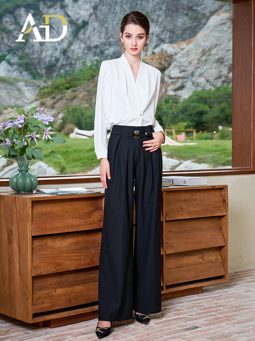 AD白色上衣轻熟法式小众长袖女衬衫时尚洋气阔腿裤显瘦两件套装裤 商品图0