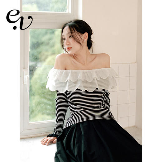 Even Vintage |个性时尚 原创一字肩花边领针织条纹上衣女长袖T恤 商品图0