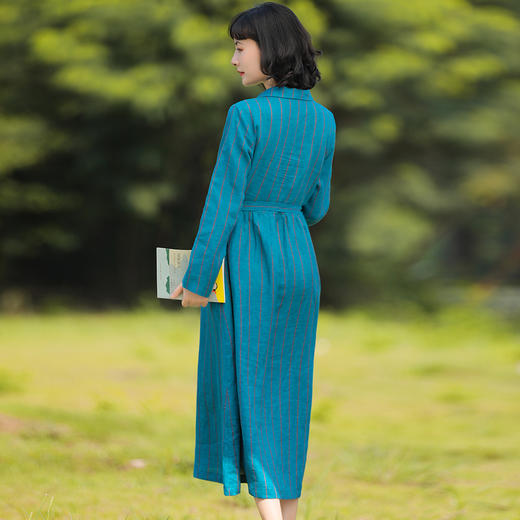HM-S209秋季新款复古条纹长袖亚麻连衣裙文艺翻领显瘦大裙摆长裙S209 商品图3