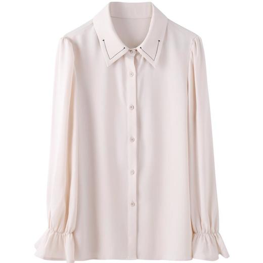 百姿 秋季新品时尚开衫翻领纯色长袖女士衬衫通勤风喇叭袖上衣女装 商品图4