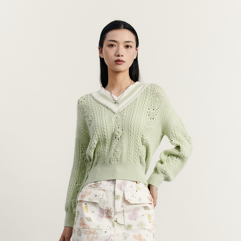 谜底V领套头针织衫女2023秋季新款复古文艺提花工艺毛衫233MZ1279