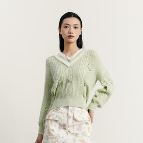 谜底V领套头针织衫女2023秋季新款复古文艺提花工艺毛衫233MZ1279