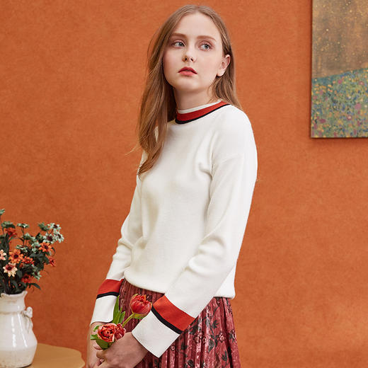 欧芮儿欧芮儿2017冬装撞色宽松长袖白色毛衣女秋冬 商品图0