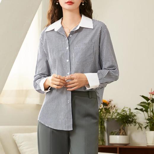 百姿 竖纹长袖衬衫2023秋季新款都市翻领单排扣纯棉直筒衬衣女 商品图0