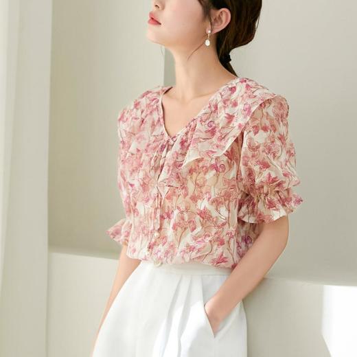 百姿 优雅碎花短袖衬衫2023夏新款名媛气质荷叶边衬衣女231161 商品图2