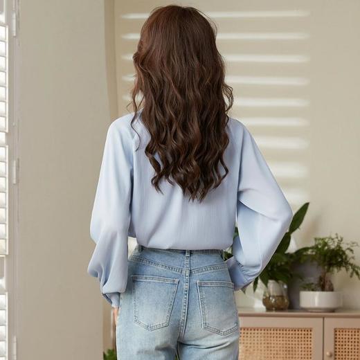 百姿 纯色翻领长袖衬衫2023春季新款直筒百搭暗扣职业装衬衣女 商品图3