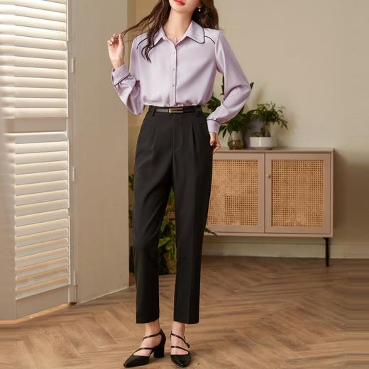 百姿 娃娃领长袖衬衫2023春季新款撞色直筒单排扣百搭雪纺衬衣女 商品图3