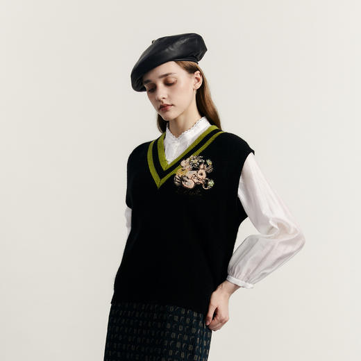 谜底V领套头针织背心女2023秋季新款复古学院风百搭毛衫233MZ1276 商品图1