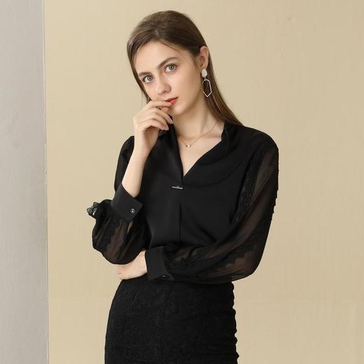 百姿 2023秋季新款V领女装韩版小众长袖洋气绣花雪纺衬衫女90146 商品图0