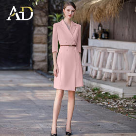 AD粉色主持人上镜服装女七分袖正装连衣裙收腰显瘦气质职业装工装