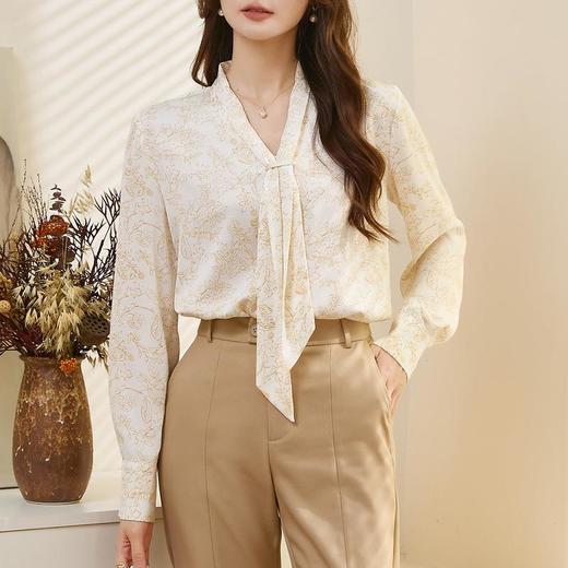 百姿 秋意微凉V领长袖衬衫女2023早秋新款优雅名媛领带衬衣231223 商品图0